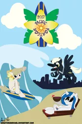 Size: 7200x10800 | Tagged: safe, artist:showtimeandcoal, derpibooru import, oc, oc:mission belle, oc:rockwell, oc:silver strand, unofficial characters only, earth pony, pegasus, pony, unicorn, absurd resolution, beach, camera, con, con mascot, con mascots, convention, fun in the sun, lying down, mascot, mascots, on back, pacific ponycon, pacific ponycon 2017, ppc, sunglasses, surfing
