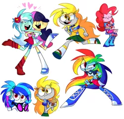 Size: 1241x1190 | Tagged: safe, artist:vdru7, derpibooru import, bon bon, derpy hooves, lyra heartstrings, rainbow dash, sweetie drops, vinyl scratch, equestria girls, boots, bracelet, cake, clothes, compression shorts, cute, eating, food, glasses, grin, headphones, heart, high heel boots, hug, implied lesbian, implied lyrabon, implied shipping, jewelry, mary janes, muffin, running, sandals, shoes, shorts, sitting, skirt, smiling, socks