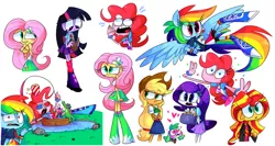 Size: 1280x680 | Tagged: safe, artist:vdru7, derpibooru import, applejack, fluttershy, gummy, pinkie pie, rainbow dash, rarity, spike, sunset shimmer, twilight sparkle, dog, equestria girls, 3d glasses, boat, boots, bracelet, clothes, compression shorts, cowboy hat, cute, fishing rod, flying, hat, heart, heart eyes, high heel boots, humane five, humane seven, humane six, jacket, jewelry, leather jacket, leg warmers, pleated skirt, ponied up, shoes, shorts, skirt, socks, spike the dog, stetson, wingding eyes, wings