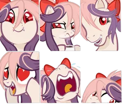 Size: 1675x1437 | Tagged: safe, artist:peachesandcreamated, derpibooru import, oc, oc:sweet velvet, unofficial characters only, bat pony, pony, bat pony oc, bow, coffee, crying, expressions, female, g3, grumpy, hair bow, happy, heart eyes, icon, mare, pinkie blind, simple background, solo, transparent background, want it need it, wingding eyes, ych result