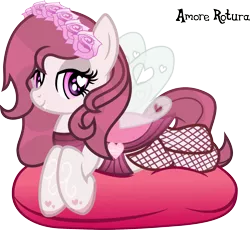 Size: 2023x1859 | Tagged: suggestive, artist:nxzc88, derpibooru import, oc, oc:amore rotura, unofficial characters only, changeling, bedroom eyes, changeling oc, cushion, cute, female, heart eyes, lying down, pink, pink changeling, simple background, solo, transparent background, white changeling, wingding eyes