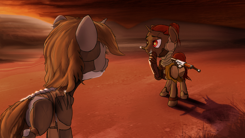 Size: 2870x1614 | Tagged: safe, artist:aaronmk, derpibooru import, oc, oc:littlepip, oc:protege, unofficial characters only, pony, unicorn, fallout equestria, fanfic, crossover, fanfic art, female, horn, jetstream sam, mare, metal gear, metal gear rising, raiden, scar, scenery, smiling, sword, wasteland, weapon