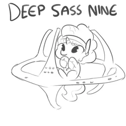 Size: 1080x1080 | Tagged: safe, artist:tjpones, derpibooru import, saffron masala, cute, deep space nine, monochrome, pun, sassy, sketch, solo, star trek, star trek: deep space nine