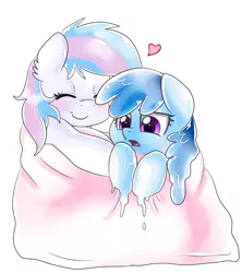Size: 2118x2382 | Tagged: artist:pridark, badumsquish approved, blanket, blushing, cute, derpibooru import, duo, eyes closed, female, frown, goo pony, heart, hug, oc, oc:flowheart, oc:starburn, open mouth, original species, safe, simple background, smiling, unofficial characters only, white background, worried