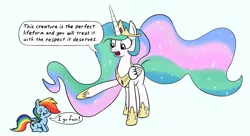 Size: 1158x632 | Tagged: safe, artist:firenhooves, derpibooru import, ponerpics import, ponybooru import, princess celestia, rainbow dash, alicorn, pegasus, pony, crown, cute, dashabetes, dialogue, image, jewelry, looking down, png, pointing, regalia, simple background, speech bubble, tiny, tiny ponies, white background
