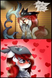 Size: 430x640 | Tagged: safe, artist:jane-soulwi, derpibooru import, oc, oc:frowzie, oc:frozen blade, unofficial characters only, pony, unicorn, blushing, bow, clothes, costume, halloween, kindred, league of legends, looking back, masks