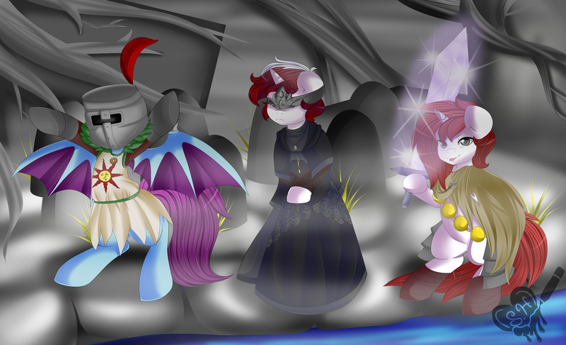 Size: 6570x4000 | Tagged: safe, artist:scarlet heart, derpibooru import, oc, oc:blitzy bluebutt, oc:frowzie, oc:frozen blade, unofficial characters only, bat pony, pony, absurd resolution, blade of the darkmoon, bonfire, clothes, dark souls 3, fire keeper, pose, uniform, warrior of sunlight