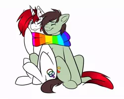 Size: 960x768 | Tagged: safe, artist:rokkocoms, derpibooru import, oc, oc:frozen blade, oc:shuffle, unofficial characters only, earth pony, pony, unicorn, clothes, gay, male, male symbol, nuzzling, scarf, shared clothing, shared scarf, simple background, smiling, white background