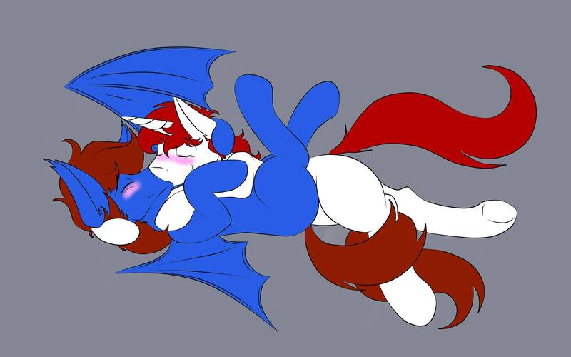 Size: 2048x1280 | Tagged: safe, artist:frowfrow, derpibooru import, oc, oc:frozen blade, oc:warly, unofficial characters only, bat pony, pony, unicorn, blushing, cuddling, gay, kissing, male, snuggling