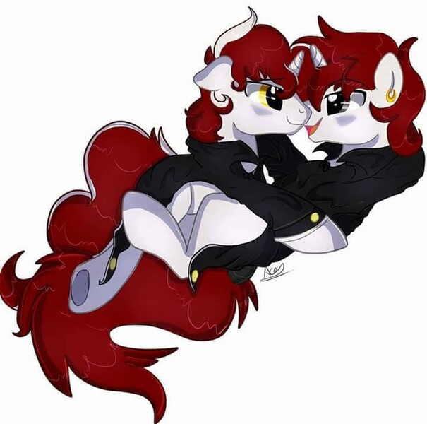 Size: 720x714 | Tagged: safe, artist:damianlandon, derpibooru import, oc, oc:frowzie, oc:frozen blade, unofficial characters only, pony, unicorn, clothes, cuddling, ear piercing, earring, incest, jewelry, lying down, on back, piercing, shipping, smiling, snuggling, twins