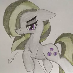 Size: 900x900 | Tagged: safe, artist:luxiwind, deleted from derpibooru, derpibooru import, marble pie, earth pony, pony, colored pencil drawing, female, mare, raised hoof, solo, traditional art, walking