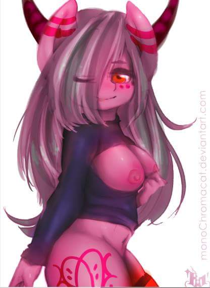 Size: 416x571 | Tagged: anthro, arm behind back, artist:100xch1ct, artist:monochromacat, belly button, boob window, breasts, clothes, demon pony, derpibooru import, female, hair over one eye, horn, looking at you, nipples, nudity, oc, oc:musica ink, one eye closed, open-chest sweater, partial nudity, questionable, simple background, smiling, solo, solo female, succubus, sweater, unofficial characters only, white background