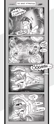 Size: 1451x3300 | Tagged: safe, artist:loreto-arts, derpibooru import, smarty pants, spike, twilight sparkle, twilight sparkle (alicorn), alicorn, dragon, pony, comic:friendship is innuendo, comic, dragon magic, hug, levitation, magic, monochrome, telekinesis