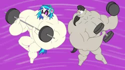 Size: 2050x1150 | Tagged: safe, artist:urkel, derpibooru import, octavia melody, vinyl scratch, earth pony, pony, unicorn, barbell, bipedal, female, fetish, headphones, mare, muscle fetish, muscles, octveinia, overdeveloped muscles, scene interpretation, vinyl smash, weight lifting, weights