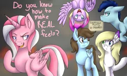 Size: 3000x1800 | Tagged: safe, artist:sketchthebluepegasus, derpibooru import, oc, oc:ashley, oc:feather night, oc:feather paint, oc:lav, unofficial characters only, alicorn, earth pony, pegasus, pony, derp, female, heterochromia, lazytown, mare, upside down, we are number one