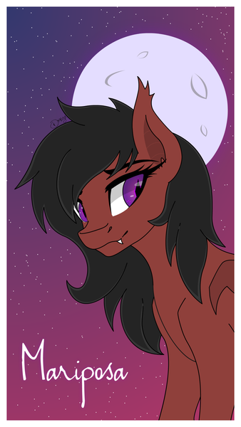 Size: 1080x1920 | Tagged: safe, artist:omega-the-batpony, derpibooru import, oc, oc:mariposa, unofficial characters only, bat pony, pony, ear fluff, fangs, moon, night, night sky, solo, stars