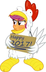 Size: 3000x4648 | Tagged: safe, artist:sollace, derpibooru import, scootaloo, chicken, pony, 2017, absurd resolution, angry, animal costume, chicken suit, clothes, costume, cute, cutealoo, grumpy, looking away, new year, scootachicken, scootaloo is not amused, sign, silly, silly pony, simple background, solo, transparent background, unamused, vector, year of the rooster