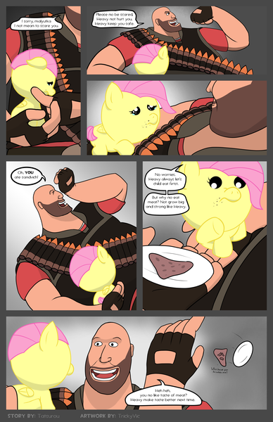 Size: 1600x2473 | Tagged: safe, artist:tricky-vic, derpibooru import, fluttershy, pony, comic:fortresshy, baby, baby pony, babyshy, crossover, heavy, team fortress 2