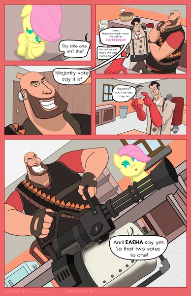 Size: 1600x2473 | Tagged: artist:tricky-vic, comic:fortresshy, crossover, derpibooru import, fluttershy, heavy, medic, safe, team fortress 2