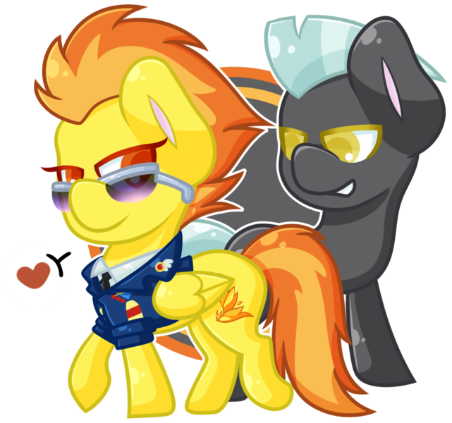 Size: 1024x959 | Tagged: safe, artist:ak4neh, derpibooru import, spitfire, thunderlane, pegasus, pony, chibi, crack shipping, female, firelane, heart, male, mare, shipping, simple background, stallion, straight, sunglasses, transparent background, wonderbolts dress uniform