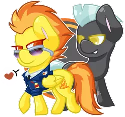 Size: 1024x959 | Tagged: safe, artist:ak4neh, derpibooru import, spitfire, thunderlane, pegasus, pony, chibi, crack shipping, female, firelane, heart, male, mare, shipping, simple background, stallion, straight, sunglasses, transparent background, wonderbolts dress uniform