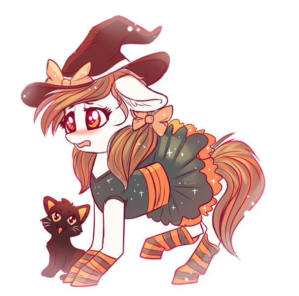 Size: 2354x2332 | Tagged: safe, artist:confetticakez, derpibooru import, oc, oc:raven sun, unofficial characters only, cat, bow, clothes, dress, hat, simple background, socks, solo, striped socks, white background, witch