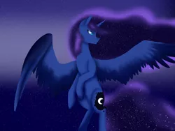 Size: 1024x768 | Tagged: safe, artist:drawitwriteit, derpibooru import, princess luna, flying, lineless, solo, space, stars