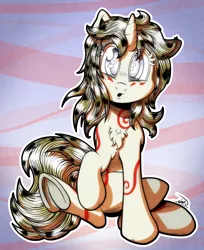 Size: 3104x3800 | Tagged: safe, artist:gray--day, derpibooru import, oc, oc:hikari, unofficial characters only, pony, unicorn, interesting, looking at you, open mouth, raised hoof, signature, sitting, solo, staring into your soul, underhoof