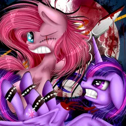 Size: 1861x1861 | Tagged: grimdark, artist:lixthefork, derpibooru import, pinkie pie, twilight sparkle, twilight sparkle (alicorn), alicorn, pony, blood, bracelet, death, decapitated, decapitation, jewelry, pinkamena diane pie, severed head, spiked wristband, sword, weapon