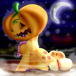 Size: 1861x1861 | Tagged: applejack, applejack-o-lantern, artist:lixthefork, candy, crescent moon, derpibooru import, food, jack-o-lantern, moon, pumpkin, pumpkin head, safe, solo, transparent moon, underhoof