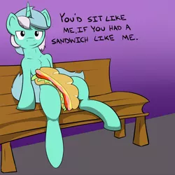 Size: 4000x4000 | Tagged: suggestive, artist:the fish draw, derpibooru import, edit, lyra heartstrings, pony, unicorn, bedroom eyes, bench, chest fluff, dialogue, food, implied futa, looking at you, meme, not porn, sandwich, sandwich censorship, sitting, sitting lyra, smiling, smug, solo
