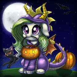 Size: 3000x3000 | Tagged: safe, artist:confetticakez, derpibooru import, oc, unofficial characters only, bat, cat, dragon, pony, clothes, costume, cute, floppy ears, full moon, halloween, holiday, jack-o-lantern, looking up, moon, mouth hold, night, night sky, nom, pumpkin, pumpkin bucket, sitting, smiling, solo, spyro the dragon, stars, unshorn fetlocks, weapons-grade cute