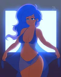 Size: 2400x3000 | Tagged: artist:souladdicted, babydoll, backlighting, belly button, breasts, clothes, dark room, dark skin, derpibooru import, female, human, humanized, lingerie, pensive, princess luna, screen, seductive pose, see-through, sexy, signature, solo, solo female, stupid sexy princess luna, suggestive