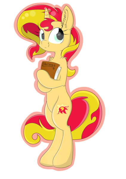 Size: 2456x3484 | Tagged: safe, artist:meowmavi, derpibooru import, sunset shimmer, pony, bipedal, book, ear fluff, simple background, smiling, solo, transparent background