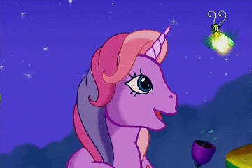 Size: 360x240 | Tagged: safe, derpibooru import, screencap, lily lightly, firefly (insect), pony, a very pony place, come back lily lightly, animated, catface, cute, duet, flower, g3, gif, glowing horn, lily cutely, looking around, looking at each other, night, shine on, singing, song, stars