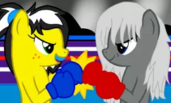 Size: 2000x1200 | Tagged: safe, artist:toyminator900, derpibooru import, oc, oc:silver veil, oc:uppercute, unofficial characters only, earth pony, pony, boxing, boxing gloves, boxing ring, duo, looking at each other