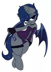 Size: 1280x1801 | Tagged: suggestive, artist:wickedsilly, derpibooru import, oc, oc:shift, unofficial characters only, bat pony, pony, adorasexy, bedroom eyes, bipedal, clothes, commission, corset, cute, fangs, female, garter, lingerie, mare, panties, purple underwear, ribbon, sexy, simple background, slit eyes, smiling, solo, solo female, thong, underwear