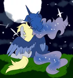 Size: 1097x1158 | Tagged: safe, artist:soft-arthropod, derpibooru import, derpy hooves, princess luna, pegasus, pony, colored wings, colored wingtips, cute, derpyluna daily, female, from behind, full moon, grass, hug, lesbian, lunaderp, mare, moon, night, shipping, stars, winghug