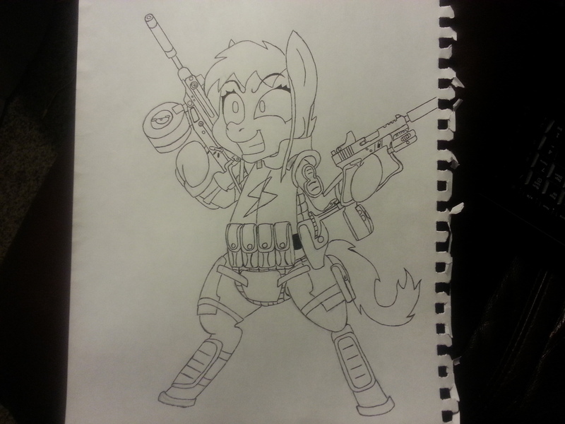 Size: 3264x2448 | Tagged: safe, artist:unreliable narrator, derpibooru import, oc, oc:noir avery gumshoe, unofficial characters only, pony, fallout equestria, armor, bipedal, dual wield, glock 17, gun, riot gear, simple background, skorpion, smiling, solo, submachinegun, traditional art, weapon, white background