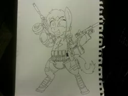 Size: 3264x2448 | Tagged: safe, artist:unreliable narrator, derpibooru import, oc, oc:noir avery gumshoe, unofficial characters only, pony, fallout equestria, armor, bipedal, dual wield, glock 17, gun, riot gear, simple background, skorpion, smiling, solo, submachinegun, traditional art, weapon, white background