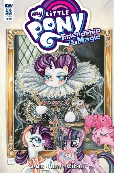 Size: 1054x1600 | Tagged: safe, artist:sararichard, derpibooru import, idw, pinkie pie, rarity, twilight sparkle, twilight sparkle (alicorn), alicorn, pony, spoiler:comic, spoiler:comic53, alternate hairstyle, blushing, clothes, cover, crown, dress, ermine, eyes closed, fine art parody, floppy ears, happy, jewelry, levitation, lidded eyes, looking at you, looking up, magic, makeup, open mouth, queen elizabeth i, raised hoof, regalia, ruff (clothing), smiling, smug, telekinesis, the ermine portrait, yawn