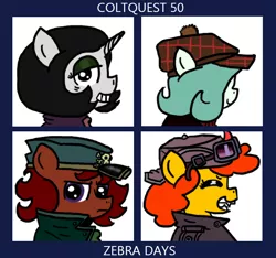 Size: 640x600 | Tagged: safe, artist:ficficponyfic, derpibooru import, oc, oc:emerald jewel, oc:joyride, oc:pipadeaxkor, oc:ruby rouge, ponified, unofficial characters only, demon, demon pony, earth pony, pony, unicorn, colt quest, art parody, clothes, colt, cyoa, demon days, eyeshadow, female, filly, foal, gorillaz, hat, horn, jacket, logo, logo parody, makeup, male, mare, ponified album cover, recap, story included, title, title card