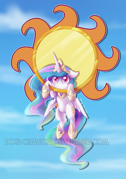 Size: 992x1403 | Tagged: safe, artist:dogi-crimson, artist:sky-railroad, derpibooru import, princess celestia, alicorn, pony, chibi, cute, cutelestia, hang in there, hanging, sillestia, silly, silly pony, solo, stuck, sun, tangible heavenly object, watermark