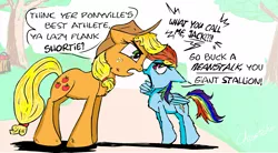 Size: 1999x1106 | Tagged: safe, artist:chopsticks, derpibooru import, applejack, rainbow dash, earth pony, pegasus, pony, argument, boop, colored, cutie mark, dialogue, diverse body types, female, hat, insult, mare, noseboop, scratches, size difference, small mare, smoldash, speech bubble, text