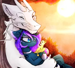 Size: 2480x2256 | Tagged: safe, artist:magnaluna, derpibooru import, princess luna, oc, oc:zefiroth, dragon, canon x oc, cuddling, curved horn, cute, duckling, eyes closed, eyeshadow, makeup, male, shipping, smiling, snuggling, straight, sunset, tree