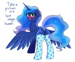 Size: 951x782 | Tagged: suggestive, artist:confetticakez, derpibooru import, princess luna, blushing, clothes, dialogue, female, floppy ears, looking at you, looking back, missing accessory, moonbutt, offscreen character, plot, praise the moon, simple background, socks, solo, solo female, stockings, stupid sexy princess luna, thigh highs, tsundere, tsunderuna, white background
