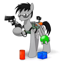 Size: 1128x1113 | Tagged: safe, artist:sandwich-anomaly, derpibooru import, oc, oc:crossfire, unofficial characters only, earth pony, pony, blocks, gadget, glasses, gun, hoof hold, male, open mouth, simple background, solo, weapon, white background