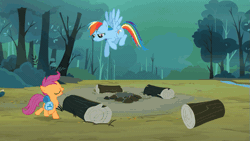Size: 595x335 | Tagged: safe, derpibooru import, screencap, rainbow dash, scootaloo, pony, sleepless in ponyville, animated, fail, gif, pain, scootacrash, tripping