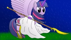 Size: 2560x1440 | Tagged: safe, artist:ag-poni, deleted from derpibooru, derpibooru import, twilight sparkle, twilight sparkle (alicorn), alicorn, pony, badass, blade, cloak, clothes, epic, grass, naginata, night, polearm, rain, solo, spear, weapon, wind