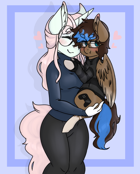 Size: 2500x3100 | Tagged: safe, artist:mimisaurusrex, derpibooru import, oc, oc:pastel galaxy, oc:playthrough, unofficial characters only, anthro, pegasus, pony, unicorn, anthro with ponies, blushing, clothes, eyes closed, glasses, grumpy, holding a pony, hoodie, horn, looking away, smiling, sweater, tights, turtleneck, wings